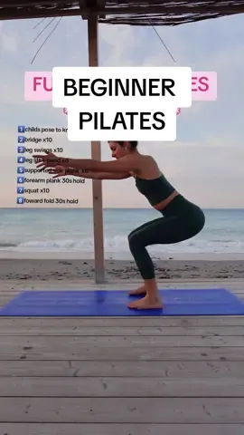 Tone and Stretch with this Pilates Workout: 1️⃣childs pose to kneeling plank x6 2️⃣bridge x10 3️⃣leg swings x10 each side 4️⃣leg lift + bend x8 each side 5️⃣supported side plank  x6 each side  6️⃣forearm plank 30s hold  7️⃣squat x10 8️⃣foward fold 30s hold  #pilates #beginnerpilates 