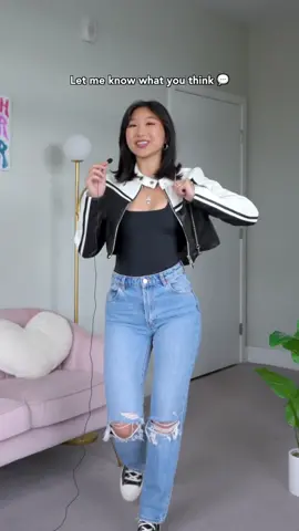 rate this fit 🤗 going to the Big E Fair tonight 🎡🎢✨ Bodysuit + Sweat Shorts: @shoprayn Jeans: @Lulus  Shoes: @Converse  Jacket: @AKIRA  Necklace: @Jewels by Jules  Purse: @PETA + JAIN  #fashion #outfitideas #grwm #fallfashion #styletips #howtostyle #OOTD #racingjacket 