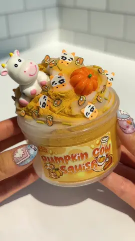 Pumpkin Cow Squish 🐮 a sweet, squishy slime that is a beginner-friendly hybrid of cloud dough + icee, making it easy & satisfying to play with! scented like pumpkin creme brulee donut  our slime shop restocks with new slimes Fridays at 6pm CT / 7pm ET #slime #asmr #pumpkins #fallseason 