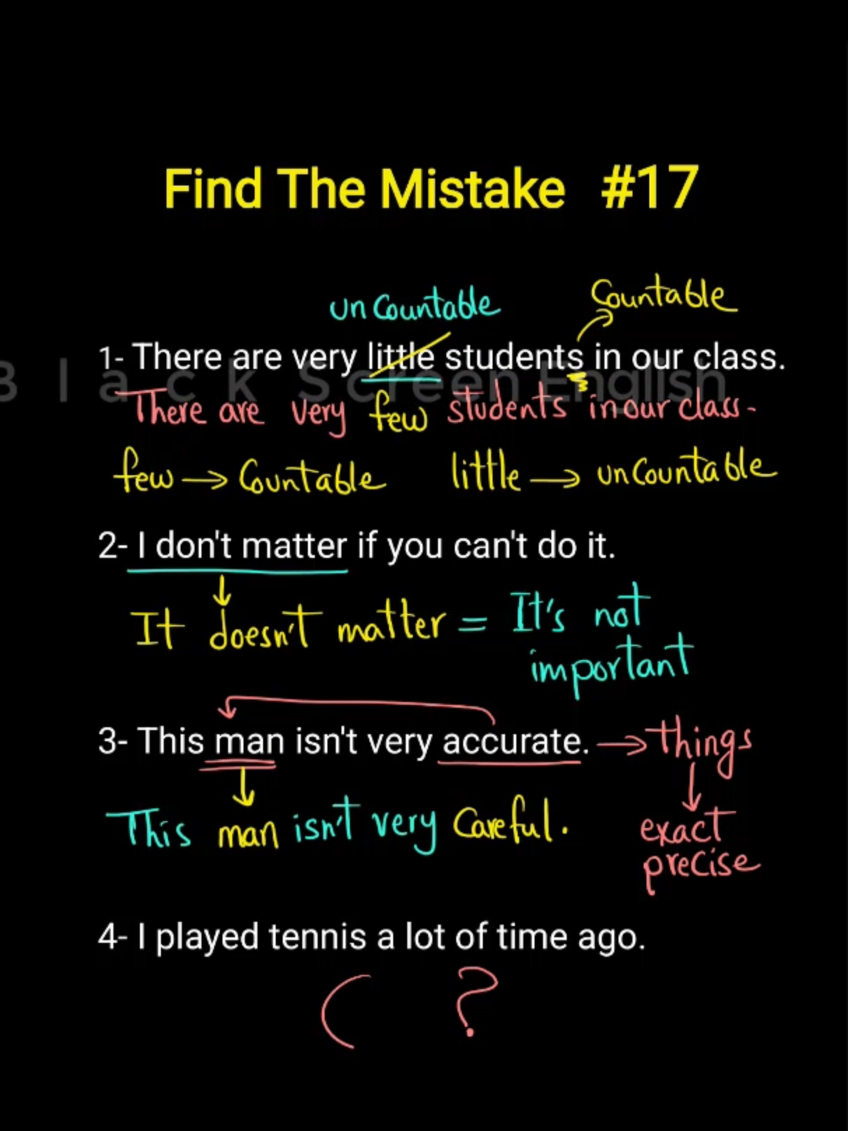 Common Mistakes in English - Countable - Uncountable nouns  - Few - little #foryou #learnenglish #learnontiktok #grammar #ielts #english #englishvocabulary #black_screen_english #commonmistakes #commonmistakesinenglish