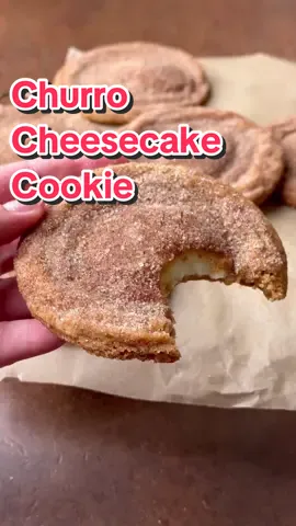 Churro Cheesecake Cookies @SweetMeliBakery  INGREDIENTS Cheesecake filling: 3 ounces cream cheese, softened 1½ tablespoon granulated sugar ¼ teaspoon vanilla Cinnamon sugar: ½ cup granulated sugar 4 teaspoons cinnamon Cookie dough: ½ cup unsalted butter ½ cup+1 tablespoon packed brown sugar 3 tablespoon granulated sugar 1 large egg ½ teaspoon vanilla 1⅓ cups all-purpose flour ½ teaspoon baking soda ½ teaspoon cinnamon ¼ teaspoon salt store-bought caramel, for serving PREPARATION 1. Cheesecake filling: Using a hand mixer on medium speed, beat the cream cheese, sugar, and vanilla until combined, about 3-5 minutes. Drop 1-tablespoon dollops on parchment paper and freeze for 1 hour. You should have ? dollops. 2. Cinnamon sugar: In a small bowl, combine the sugar and cinnamon; set aside. 3. Preheat the oven to 350˚F (180˚C). Line a baking sheet with parchment paper. 4. Cookie dough: In a saucepan on medium heat, melt the butter and cook the butter stirring constantly until golden brown, about 10 minutes. Transfer to a large bowl and allow to cool completely. 5. Add the brown sugar, sugar, egg and vanilla to the large bowl with the brown butter. Whisk to combine. Sift the flour, baking soda, cinnamon and salt into the bowl and mix until combined. 6. Scoop the dough with an ice cream scoop and press down with the palm of your hand to flatten it. Add the cheesecake dollop in the center. Enclose the dollop by folding the cookie dough over it to cover completely. Repeat until all the cookie dough is used. 7. Bake 6 at a time on a parchment-lined baking sheet for 10 minutes per batch. 8. Place a large cup over each cookie while they are still warm and gently press down around the edges to fix the shape. Once they have cooled slightly, dust them with the cinnamon sugar. 9. Serve with the caramel sauce. Refrigerate the leftovers for up to 5 days. 10. Enjoy!
