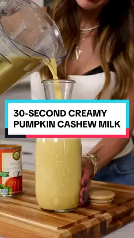 30-SECOND CREAMY PUMPKIN CASHEW MILK 🎃 that tastes better than store-bought, trust me. I love making cashew milk at home because it does not require any soaking or straining and comes out pertect ever time! You can also make a variety of different flavors and most importantly-save yourself money! Makes 6 servings 3/4 cup pumpkin puree 11/2 cups raw cashews 1/4 cup maple syrup 2 tsp vanilla extract 1 tb pumpkin spice Pinch sea salt 5 cups filtered water Add all ingredients to a high-speed blender and blend for 30-seconds until completely smooth. Depending on your blender, you might need an additional 30 seconds. Transfer to a jar, cover and store in the refrigerator for up to 5 days. Enjoy, bye! 🫶🏼 #pumpkinmilk #cashewmilk #EasyRecipes #dairyfree
