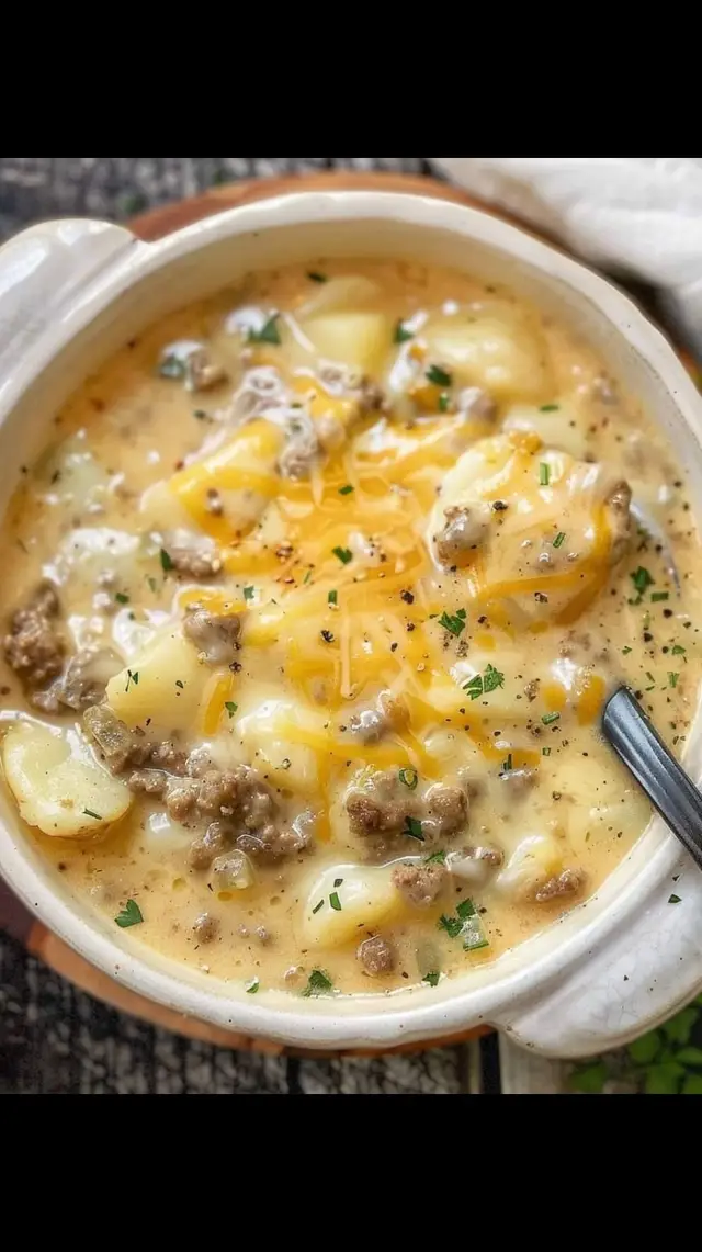 Cheesy Hamburger Potato Soup 🧀🥔🍔 This Cheesy Hamburger Potato Soup is pure comfort in a bowl! Rich, creamy, and loaded with hearty ground beef, tender potatoes, and melty cheese, this soup is perfect for chilly days or whenever you need a warm, satisfying meal. Each spoonful is packed with flavor, making it the ultimate cozy dinner the whole family will love. 🧀🍲 📝 Ingredients: 1 lb ground beef 🍔 1 small onion, diced 🧅 3 cloves garlic, minced 🧄 4 cups potatoes, diced 🥔 4 cups beef broth 🍲 1 cup whole milk 🥛 2 cups shredded cheddar cheese 🧀 1/2 cup sour cream 🥄 1 tsp garlic powder 🧄 1 tsp onion powder 🧅 Salt and pepper to taste 🧂 2 tbsp all-purpose flour 🌾 2 tbsp butter 🧈 Fresh parsley or chives for garnish 🌿 👩‍🍳 Directions: 1️⃣ Cook the Ground Beef: In a large pot, brown the ground beef over medium heat until fully cooked, breaking it apart as it cooks. Drain any excess fat and set the beef aside. 2️⃣ Sauté the Onion and Garlic: In the same pot, melt the butter and add the diced onion and minced garlic. Cook for 3-4 minutes until the onion is softened and fragrant. 3️⃣ Cook the Potatoes: Add the diced potatoes, garlic powder, onion powder, and beef broth to the pot. Bring to a boil, then reduce the heat and simmer for 15-20 minutes, or until the potatoes are tender. 4️⃣ Make it Cheesy: In a small bowl, whisk together the milk and flour to create a slurry. Gradually stir it into the soup and cook for another 5 minutes to thicken. Stir in the shredded cheddar cheese and sour cream, mixing until the cheese is melted and the soup is creamy. 5️⃣ Add the Ground Beef: Return the cooked ground beef to the pot and stir everything together. Season with salt and pepper to taste. Let the soup simmer for a few more minutes to allow the flavors to meld together. 6️⃣ Serve and Enjoy: Ladle the cheesy hamburger potato soup into bowls and garnish with fresh parsley or chives for a pop of color. Serve with crusty bread for the ultimate comfort meal! 🥔🧀🍔 Prep Time: 15 minutes | Cook Time: 30 minutes | Total Time: 45 minutes | Servings: 6 Enjoy your Cheesy Hamburger Potato Soup!#hamburgersoup #cheesy #food #delicious #yummyfood #healthyrecipes #tiktokfood #soup 
