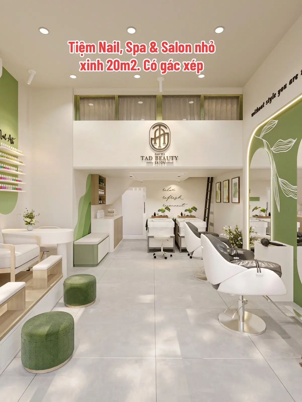 Thiết kế tiệm spa, nail và salon tóc nhỏ xinh chỉ 20m2. Bố trí tối ưu công năng sử dụng nha! #spa #spamini #nails #nail #tiemnail #thietkespa #thicongspa #salon #salontoc #thietkethicongspa #thietkeshop #thicongshop #trumthietkespa #xuhuongtiktok 