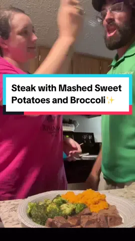 Steak with Mashed Sweet Potatoes and Broccoli🩷 #sahm #kids #viraltiktok #fyp #cooking #family #hubby #wifey #EasyRecipe #potatoes #healthyrecipes #steak #broccoli 