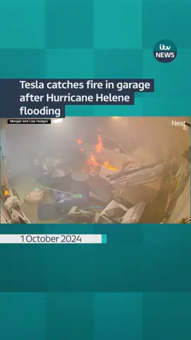Home surveillance from Sarasota, Florida shows a couple’s Tesla car burst into flames during flooding caused by Hurricane Helene. The couple’s home burned down, but no injuries were reported #itvnews #tesla #fire #hurricanehelene 