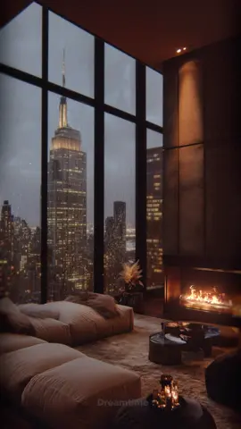 Step into a peaceful New York penthouse on a rainy late afternoon. The fireplace crackles warmly, filling the room with a soft, comforting glow. Outside, the rain gently taps against the large windows, casting a soothing rhythm that washes over you. Through the glass, the iconic New York City skyline stretches out, with sparkling city lights and the occasional distant sound of a police siren echoing through the streets. The rain’s calming effect, combined with the cozy atmosphere inside, creates the perfect ambiance to unwind and relax. Let the comforting sounds of the rain and the cozy fire help melt your stress away as you take in the beauty of the city from this tranquil hideaway. #cozyathome#penthouse #luxuryhome #newyork #fyp #cozyinnewyork #fireplaceambiance #cityscape #escapethecity #comfortingsounds #rainandfire #relaxingambiance #stressreliefsounds #newyorkvibes #citylights #rainycity #soothingrain #cozyvibes #raintherapy #stressreliefsound #relaxation #rainonwindow #StressRelief #newyorkrain #rainyafternoon #citylights #newyorkcitypenthouse#chillmood