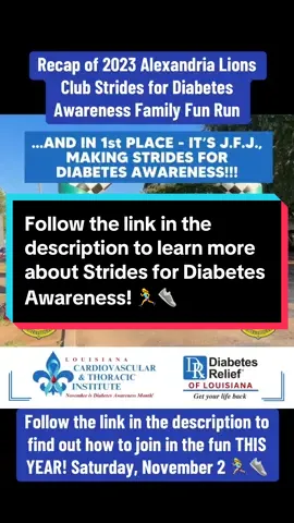🌟 👟 2nd ANNUAL ALEXANDRIA LIONS CLUB STRIDES FOR DIABETES AWARENESS 5K & FAMILY FUN RUN! 👟 🌟 We're excited to announce that Dr. Gary Jones and the team at Louisiana Cardiovascular & Thoracic Institute will be participating in the 2nd Annual Alexandria Lions Club Strides for Diabetes Awareness 5K and Family Fun Run on Saturday, November 2nd! 🏃‍♂️🏃‍♀️ This event is not just a run—it's an opportunity to raise awareness about diabetes and support our community. Whether you’re a seasoned runner or looking for a fun family outing, there’s something for everyone! 🗓 Date: Saturday, November 2nd (8:00 AM – 10:00 AM) 📍 Location: England Airpark Community Center, 1718 Kegleman Blvd.,   Alexandria, LA 👟 Join us for: A 5K run and family-friendly activities! Let’s come together to promote health, wellness, and awareness in our community. Together, we can make a difference! 👉 Tag your running buddies and let us know if you’ll be joining us!  #StridesForDiabetes #lionsclub #KeepLouisianaWalking #LACVT #Community #Health #Diabetes #5k #Running #walking #Louisiana #AlexandriaLA #DiabetesReliefofLouisiana #DrGaryJones We hope to see you there! 💙 Enjoy this recap of last year's Fun Run 😊 - and click the link below to learn more! https://givebutter.com/doRGLr