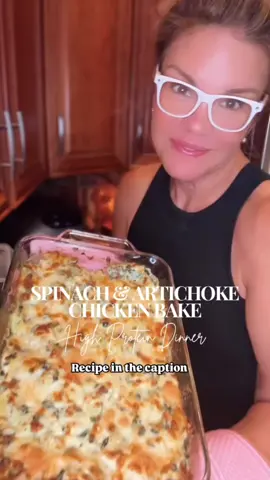 Spinach & Artichoke Chicken Bake! 4 ingredients TRADER JOE’S dinner! You can get the chopped chicken from Trader Joe’s. Mine this time around was from Sprouts Ingredients: 1 package chopped chicken  2 spinach and artichoke dips 2 cans artichokes Parmesan cheese Instructions: Preheat your oven to 375°.  Chop up chicken into tiny pieces and throw it into a large casserole dish.  Rinse and pat dry artichokes, chop them up and add them to the casserole dish.  Microwave spinach and artichoke dips until hot, toss in and mix everything  Top with enough Parmesan cheese to cover the dish.  Bake for 15 minutes and then broil for the last 2 to 3 minutes until the top gets bubbly brown.  Makes 5-7 servings. #highproteindinner #traderjoesrecipes #4ingredientsrecipe 