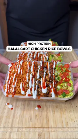 High Protein Halal Cart Chicken Rice Bowls! ONLY 511 Calories🍗🍚🔥 There’s no reason to be eating boring and plain chicken & rice! Macros Per Serving (4 Servings Total) 511 Calories | 46g Protein | 43g Carbs | 15g Fat Ingredients (To Make 4 Servings) Chicken Marinade - 800g Chicken Breast cut into small cubes - 1 Tbsp Garlic Paste - 1.5 Tsp Salt - 1.5 Tsp Oregano - 1.5 Tsp Smoked Paprika - 1 Tsp Chilli Flakes - 1 Tsp Cumin - 2 Tsp Olive Oil - 1 Lemon Juice - 20g Light Butter (for cooking + extra) - Handful Fresh Chopped Coriander/Cilantro White Sauce - 100g Low Fat Yogurt - 80g Light Mayo - 1/2 Tsp Salt - 1/2 Tsp Pepper - 1 Tsp Garlic Powder - 1/2 Lemon Juice - (Optional) Drizzle of sriracha when serving) Spicy Red Rice - 4-5 Garlic Cloves Chopped - 50g Harissa or Tomato Paste - 1 Tsp Salt - 1 Tsp Oregano - 1 Tsp Paprika - 1 Tsp Chilli Flakes - 1 Tsp Cumin - 20-25ml Water - 560g Cooked Basmati Rice Side Salad - 200g Shredded Lettuce - 250g Chopped Tomatoes - 200g Chopped Cucumbers - Dash of Chilli Flakes (Optional) Don’t forget to check out my Digital Cookbooks with over 200+ Easy & Delicious Recipes👨‍🍳❤️ Important Cooking Notes - Marinate the chicken for at least 30mins or you can do overnight for best flavour - Cook the chicken in light butter on medium high heat for 3-4 mins each side. You want a nice golden brown colour - Lower the heat completely when adding the extra butter and coriander. Give it a good mix till coated - You can store the sauce in a bottle and put in the fridge to use for other meals! Can make a bigger amount too - Store the salad separately too or you can freshly cut the lettuce and tomatoes when serving . . . . #chickenrecipes #chicken #chickenandrice #mealprep #chickenrice #highprotein #EasyRecipes #lowcalorie #weightloss #eathealthy #Foodie #healthyrecipes #mealprepideas #healthymeals 