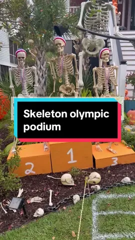 An Olympic themed Halloween can’t work without a medal stand! I whipped up these three boxes and used rebar to hold up the winners! Paranormal Olympics is coming together! - #halloween #diyhalloween #diyhalloweendecor #halloweendecor #halloweendecorations #planter #concrete #pumpkin #jackolantern #pumpkintopiary 