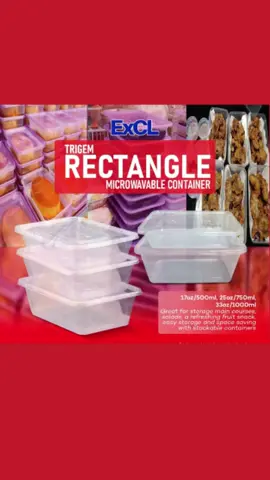Trigem Microwavable Container Rectangle is perfect for storing and reheating food.  It is made of durable plastic and is microwave safe. The container comes in three sizes: ✅500 ml (17 oz) ✅750 ml (25 oz)  ✅1000 ml (33 oz)  #exclshop #packagingmadeeasy #tiktokshop #EcoFriendly#DisposableUtensils #Trigem  #microwavable #fyp #fyppppppppppppppppppppppp