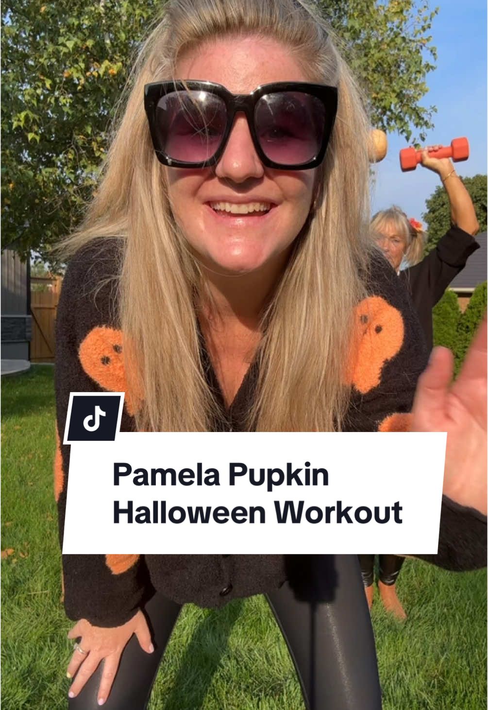 Watch to the end for the bloopers. Thanks @boibs for this excellent joy giving bop.       Grandma Pearls sure is a champ. I’m 💀 at the butternut  squash. Do I post our first attempt? 🙈 #pamelapupkin #mil #funwithfamily #halloweenworkout