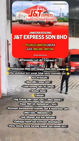 Info lanjut sila klik Pautan Kat Bio tuk apply #jawatankosong #jawatankosongterkini #pemandulori #jtexpressmalaysia #malaysia 