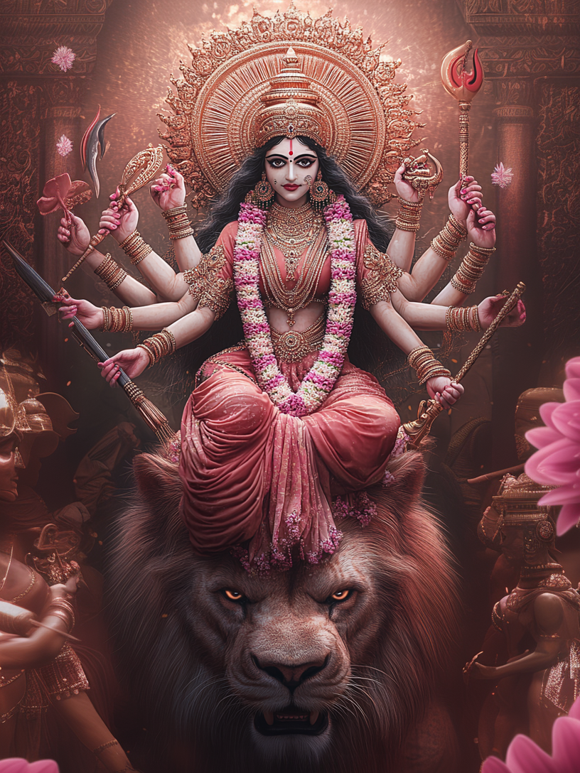 ปางที่ 3 พระแม่จันทรกันตา ขอพระแม่ประทานความเข้มแข็งและชัยชนะแด่ทุกท่าน ปางพระแม่ทุรคา เป็นปางปราบอสูรและนำความสุขสงบกลับมาสู่โลก ผู้ที่บูชาพระองค์จะเจริญทั้งทางโลกและทางธรรม การกำเนิดของพระนาง ในครั้งที่ เหล่าอสูร กับ เทวดาได้สู้รบกันอย่างต่อเนื่องยาวนาน ไมหชาสุรเป็นหัวหน้าของเหล่าอสูร และพระอินทร์เป็นหัวหน้าของเทวดาฝ่าย เทวดาแพ้ ไมหชาสุร จึงขึ้นครองแทน พระอินทร์บนสวรรค์ เหล่าเทวดาจึงไปเข้าเฝ้า พระพรหมพระนารายณ์และพระศิวะ เมื่อทราบเหตุการณ์ก็โกรธมาก เกิดเป็นพลังไฟขึ้นมา เมื่อรวมกับพลังของเทวดาอื่นๆ จึงเกิดพระนางจันทรกันตา และเทพแต่ละพระองค์ก็ได้ประทาน ศาสตราวุธ อยู่ในมือของแต่ละพระองค์ให้แก่พระแม่จันทรกันตา เช่นพระศิวะได้ประทานตรีศูล พระนารายณ์ประทานจักร และทวยเทพที่เหลือก็ได้ประทานอาวุธของแต่ละพระองค์ให้กับพระนาง ในที่สุดพระนางก็สามารถเอาชนะอสูรไมหชาสุรได้ #พระแม่อุมา #พระแม่กาลี #พระแม่ทุรคา #นวราตรี #พระแม่จันทราฆัณฏา#นวราตรี2024 #navartri #madurga #umadevi #makali