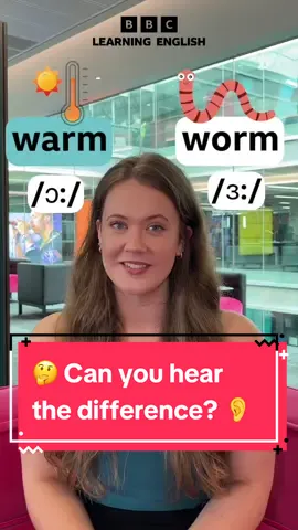 👂 Can you hear the difference in pronunciation between ‘warm’ 🥵 and ‘worm’ 🪱 To some learners, words with /ɔ:/ and /ɜ:/can almost sound the same. Listen carefully to Nicola and practise saying the words yourself! Make sure you watch to the end for a short quiz. What other words with /ɔ:/ and /ɜ:/sounds do you know?   Images: Getty   #learnenglish #pronunciation #speakenglish #bbclearningenglish #englishlearning #warm #worm #walk #work #minimalpairs #listening  