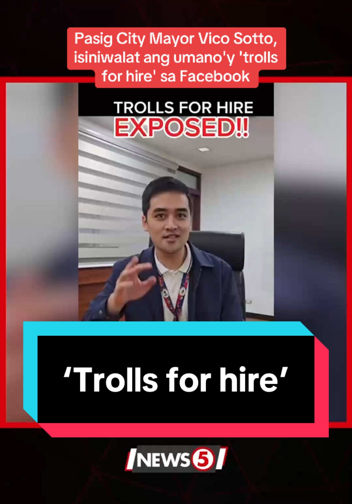 Isiniwalat ni Pasig City Mayor Vico Sotto ang umano'y trolls for hire sa Facebook. Napansin ito ng alkalde sa post niya tungkol sa konstruksyon ng drainage sa Brgy. Ugong. Pare-pareho umano ang laman ng mga profile, at naka-link umano ang mga ito sa bilihan ng fake accounts. Nanawagan si Sotto sa mga Pasigueño na ipakitang hindi na uubra ang ganitong panloloko sa kanilang lungsod. #News5 #NewsPH #BreakingNewsPH 