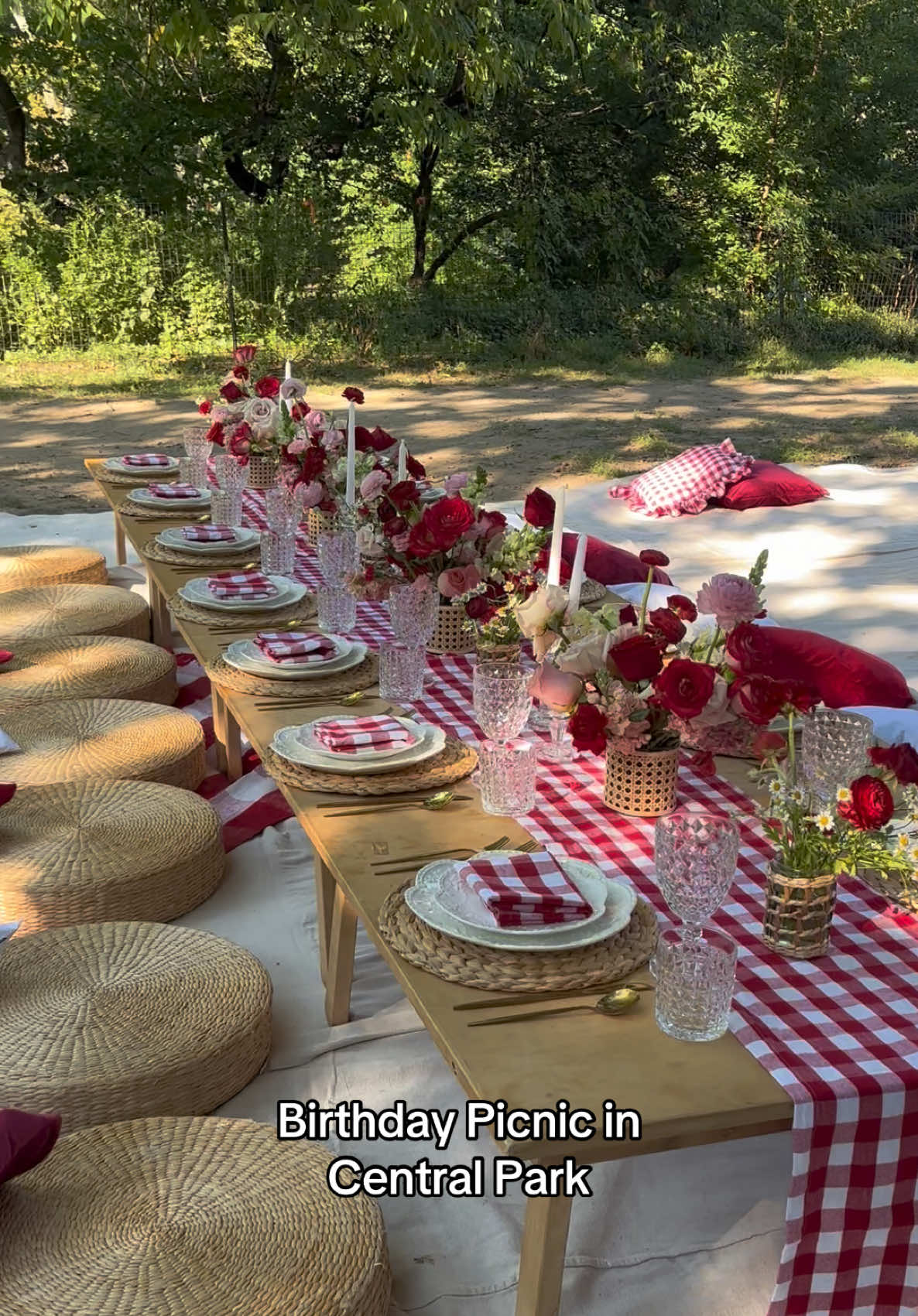 #gingham #picnic #centralpark #redandwhite #tablescape #redflowers 