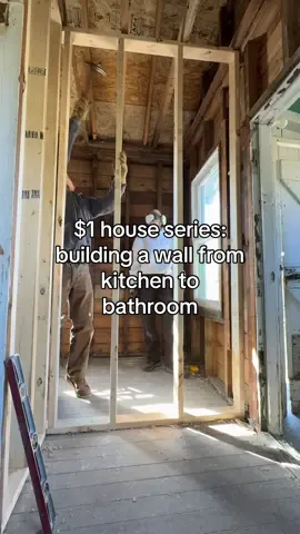 $1 house series: adding wall from kitchen to bathroom #oldhouse #100yearoldhouse #1dollarhouse #fixerupper #iboughtafixerupper #homerenovations #antiquehome #historicalhouse #buildingwall
