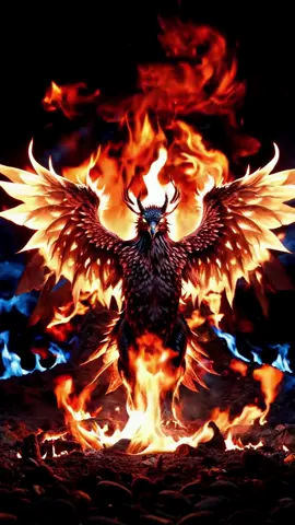Live Wallpaper: Majestic Phoenix A majestic phoenix captured from the front, standing still with an imposing and epic pose. Its fiery wings spread wide, surrounded by voluminous flames that dance and flicker around it. The phoenix's intense, glowing eyes convey wisdom and power, while its burning feathers create a radiant, almost blinding aura. The scene is filled with an atmosphere of grandeur, with blue and orange flames swirling in the air, highlighting the phoenix’s mythical presence in a dark, smoldering environment. #ai #aiart #aicontent #wallpaper #livewallpaper