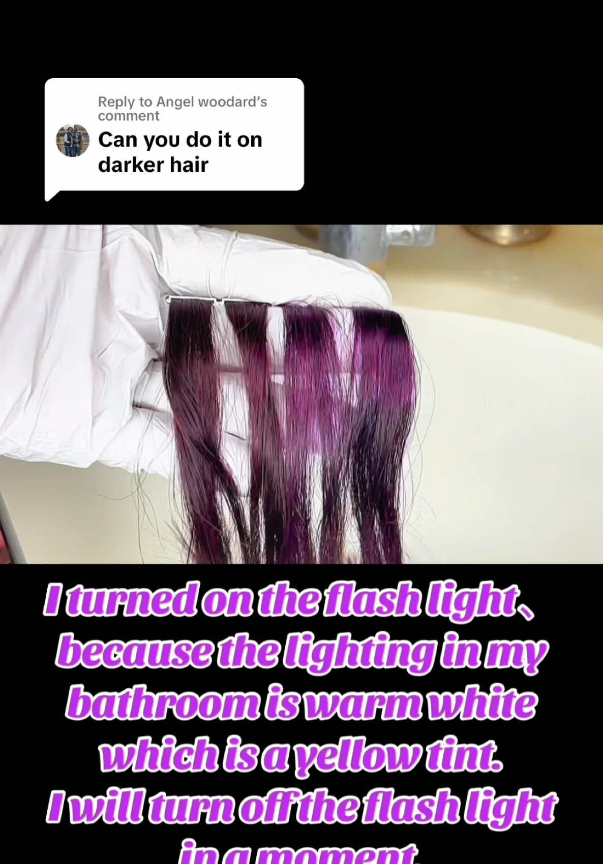 Replying to @Angel woodard full process of AngeRose purple hair color shampoo dye on both darker and light color sample hair.  I showed the final results in both warm white light and with the addition of flash (cold white). Most people will probably do this in the bathroom with warm white lighting. It looks much better under natural light. Too much yellow light can make the purple color invisible. #hairdyeshampoo #shampoodye #hairdye #violet #purplehair 