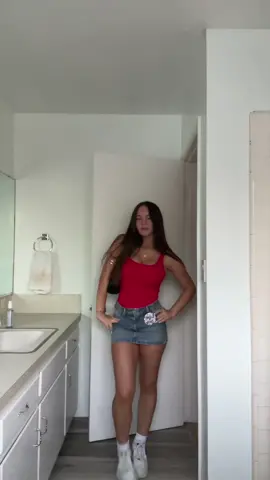 game day fitcheck #redbodysuit #jeanskirt #fitcheck #footballgame 