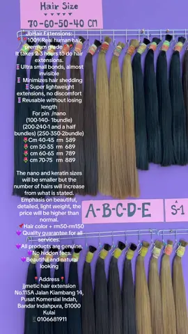 JbHair Extensions: 📍📍100%Real human hair, premium grade📍📍 It takes 2-3 hours to do hair extensions. 💈Ultra small bonds, almost invisible 💈 Minimizes hair shedding 💈Super lightweight    extensions, no discomfort 💈Reusable without losing length For pin  /nano (100-140- 1bundle) (200-240-1 and a half bundles) (250-350-2bundle) 🌷Cm 40-45  rm  589 🌷 cm 50-55  rm  689 🌷 cm 60-65  rm  789 🌷 cm 70-75   rm  889 The nano and keratin sizes will be smaller but the number of hairs will increase from what is stated. Emphasis on beautiful, detailed, light weight, the price will be higher than normal.    📌Hair color + rm50-rm150 💜 Quality guarantee for all services. 💜All products are genuine. 💜No hidden fees. 💜Beautiful and natural looking 📍Address📍 jjmetic hair extension No.115A Jalan Kiambang 14, Pusat Komersial Indah, Bandar Indahpura, 81000 Kulai 📱0106681911