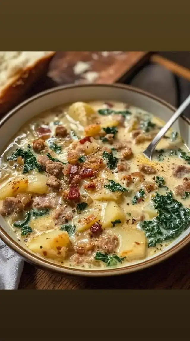 🍂Zuppa Toscana Soup 🍂 This here is a traditional Italian soup featuring hearty sausage, tender potatoes, and kale in a savory broth. Ingredients: - 1 pound Italian sausage - 4 slices bacon, chopped - 1 onion, diced - 3 cloves garlic, minced - 4 cups chicken broth - 3 cups water - 2 large russet potatoes, diced - 1 teaspoon red pepper flakes - Salt and pepper to taste - 2 cups chopped kale - 1 cup heavy cream Instructions: 1. In a large pot, cook the Italian sausage over medium heat until browned. Break it into smaller pieces as it cooks. 2. Add the chopped bacon and diced onion to the pot. Cook until the onion is translucent and the bacon is crispy. 3. Stir in the minced garlic and cook for another minute until fragrant. 4. Pour in the chicken broth and water, then add the diced potatoes and red pepper flakes. Season with salt and pepper. 5. Bring the soup to a simmer and cook until the potatoes are tender, about 15-20 minutes. 6. Stir in the chopped kale and heavy cream. Simmer for an additional 5 minutes. 7. Taste and adjust seasoning if needed. Serve hot and enjoy!