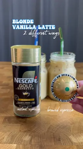 Blonde vanilla latte but two different ways and both absolutely delicious 🤎 • • #thecafecitocorner #coffeetiktok #coffeeaddict #coffeerecipes #icedcoffee #coffeebar #fyp #trends #funny #reel #blondevanillalatte #nescafe #nescafegold #blondeespresso #starbucksblonde #cafecitoschool101 