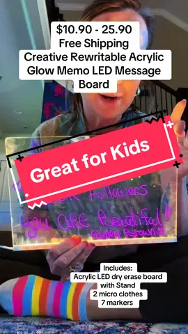 $10.90 - 25.90  Free Shipping  Creative Rewritable Acrylic Message Board, Dry Erase Drawing Board, Store Display Board and Luminous Wet, Glow Memo LED Message Board, Suitable for Office, School,Home, Store decoration-(come with 7 Pens) Exercise Children's Imagination Let your children say goodbye to electronic products and draw woonderful dreams on this led note board. Great for children's creativve drawing, and family memos, making children's ideas and information more liveely. Unique Design Our acrylic message board is also a practical night light, the stand bracket is come with USB cable, when powered on it, it will light up, Our desk dry-erase board could add instant charm This is a dry erase board that lights up, including an acrylic board with a USB power cord, seven colors of watercolor pens, a tripod that can be used for multiple purposes, and two rags. You can write your plans, improvisations, or drawings on it. chalkboards, illuminated noteboards can arouse children's interest and enable them to constantly pay attention to the content recorded on the Note Board. Use it as a doodle board, planning board, or even a glowing memo. It allows you to write some sweet message for your kids or lover. Allows you to write messages, draw pictures. Away from Screens Clear acrylic dry erase board with light, its cute and light design makes it appealing to children of all ages. You can create your artwork directly with 7 highlighters. It's not just a toy, but also a learning tool that stimulates creativity, imagination, concentration, and thinking ability. Keep your kids away from electronic screens. Multiple Applications You can use led note board as a doodling board, drawing board, planning board or memo, and calendar, and it is also a good-looking decoration in your room. Ideal for restaurants, cafes, hotels, retail stores, shopping malls, etc. Display event information or conference memos in a visually appealing way that catches attendees' eyes. Easy to Clean Message board can be reused, when you have an good idea or something need to memo, you can scribble them down, it is very easy to clean and durable, you only need microfibre cloth or damp cloth for simply wipe. Black Fri & Cyber Mon: #TikTokShopBlackFriday #TikTokShopCyberMonday #FallDealsForYou #TikTokShopHolidayHaul #TikTokShop #AffiliateMarketing  #TikTokAffiliate #ShopNow  #ProductReview #ShopWithMe  #TrendingProducts #TikTokMadeMeBuylt #SmallBusiness #DealAlert  #CapCut #conatu 