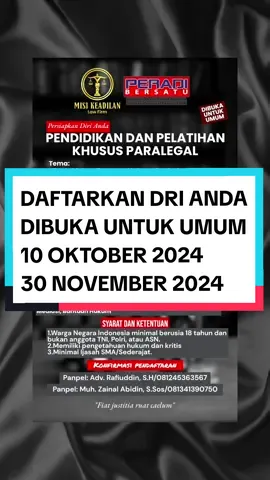 LAW FIRM MISI KEADILAN KOLABORASI PERADI BERSATU MENGADAKAN PENDIDIKAN DAN PELATIHAN KHUSUS PARALEGAL DI MAKASSAR (DIBUKA SELURUH INDONESIA)  *MANFAAT IKUT PENDIDIKAN DAN PELATIHAN PARALEGAL*  Berdasarkan Peraturan Menteri Hukum dan HAM RI Nomor 3 Tahun 2021 tentang Paralegal Dalam Pemberian Bantuan Hukum. Salah satu contoh pendidikan paralegal yang akan diselenggarakan oleh LAW FIRM MISI KEADILAN bekerjasama dengan Organisasi Advokat PERADI BERSATU.  Tentunya, pendidikan paralegal ini memberikan materi pengetahuan dasar dan teknis selama 2 hari secara tatap muka dan daring atau online. Materi-materi yang diberikan diharapkan dapat meningkatkan kompetensi paralegal, terutama dalam keterampilan mengadvokasi masyarakat dan kelompok rentan serta memudahkan akses para pencari keadilan.  Peran Paralegal adalah agar supaya memudahkan akses selebrasi pencegalan ketidakadilan, sehingga Paralegal berperan dalam Pelayanan Bantuan Hukum, seperti, Konsultasi, Negosiasi, Mediasi, dan Bantuan Hukum. Paralegal juga akan diajarkan tatacara pelaksanaan Tupoksi serta tanggung jawab dalam melakukan pendampingan hukum, karena tugas yang diemban adalah penelitian sampai diproses penyelidikan.  Perbedaan Paralegal dan Advokat adalah Paralegal secara Undang-undang diatur dalam Permenkumham Nomor 3 Tahun 2021 tentang Paralegal dalam pemberian bantuan hukum, dan Advokat diatur dalam Undang-undang Nomor 18 Tahun 2003 Tentang Advokat. Tugasnya Paralegal adalah mensupport Advokat dan Advokat membuka ruang soal lisensi atau wadah berkarya untuk Paralegal, sehingga Paralegal disebut nonpasif (nonlitigasi) dan Advokat (litigasi) pasif. Dalam artian, tingkat kerja-kerja Paralegal adalah proses penyelidikan serta Penelitian ditingkat Kepolisian, Kejaksaan dan lembaga negara lainnya di luar Pengadilan, sedangkan Advokat berperan melakukan pembelaan di Persidangan.  Soal syarat untuk menjadi Paralegal, harus memiliki sertifikasi, seperti sertifikat Paralegal dari kantor Hukum dan telah mengikuti Pendidikan dan Pelatihan Khusus Paralegal serta Kartu Tanda Anggota (KTA) dan SK pengangkatan sebagai anggota di salah satu kantor hukum. Pelajaran juga tidak jauh berbeda dengan Advokat adalah menggeluti soal Kitab Undang-undang Hukum Acara Pidana (KUHAPidana), Kitab Undang-undang Hukum Pidana (KUHPidana) dan Kitab Undang-undang Hukum Acara Perdata (KUHAPerdata) dan Kitab Undang-undang Hukum Perdata (KUHPerdata) serta materi sejenis lainnya.  Untuk menjadi Paralegal, minimal berusia 18 tahun dan memiliki Ijasah Sekolah Menegah Atas (SMA) atau sederajat, bisa juga dari kalangan Strata satu (S1), kemudian bisa membaca dan menulis serta memiliki skil dalam berbicara, bukan dari ASN, TNI dan Polri maupun pegawai yang terikat di Pemerintahan atau Lembaga Negara.  Jadi tunggu apalagi, buruan daftarkan diri anda dan berkaryalah dalam menciptakan sebuah Keadilan demi tercapainya keadilan bagi seluruh rakyat Indonesia.  Tema Kegiatan: *