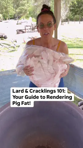 How to Render Pig Fat into Lard and Make Cracklings Over an Open Fire    - Set up your fire pit or grill and start a good, steady fire. You’ll want a hot, consistent heat for rendering fat.     - While the fire is heating up, take your pig fat and cut it into small, uniform pieces (about 1-inch cubes). This helps the fat melt evenly and more quickly.    - Once the fire has settled, place your heavy pot or Dutch oven over the hot coals. Ensure that it is stable and secure. Add the Pig Fat:    - Carefully add the cut pig fat into the pot. If you’re using a large quantity, work in batches to avoid overcrowding the pot. (You may add just a little bit of water to the pot or if you have a lard already add just a little bit of lard to help keep the Fat from sticking as it starts to warm up.)    - Allow the fat to heat slowly over the fire. Stir occasionally with your stirring stick or spoon. As the fat heats, it will start to melt. This process can take anywhere from 30 minutes to several hours, depending on the amount of fat and the heat of the fire.    - As the fat renders, you’ll notice bits of solid fat (cracklings) beginning to float. These will be golden brown and crispy when done. Keep stirring to ensure even cooking and prevent sticking.    - Once the fat has fully rendered and the cracklings are crispy, remove the pot from the heat. Using a fine mesh strainer or cheesecloth, carefully strain the liquid fat into a separate container. This will leave the cracklings in the pot. Be sure to use something to help strain the lard from the Cracklin if not, the Cracklin will be left mushy and not worthy to eat.     - Allow the rendered lard to cool slightly before transferring it to jars or containers for storage. It can be kept in the refrigerator for several months or frozen for longer storage. Or be a rebel and pretend to be grandma and keep it in the pantry for years.    -  cracklings can be seasoned with salt or your favorite spices while still warm. (Always monitor the fire to prevent it from getting too hot and burning the fat) #lard #renderpigfat #aprilsunrisefarm #oldways #heritage #countryliving #oldschool #survival #skills #howto 
