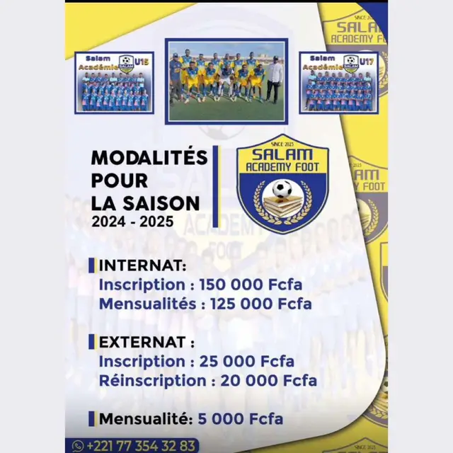 🚨Début des Inscriptions  Salam Academy Foot à Le plaisir de vous informer du début des inscriptions. Cette année nous vous proposons 2 régimes: 👉🏽 Internat Inscription: 150000 Mensualités: 125000 👉🏽Externat Inscription:25000 Réinscription: 20000( pour les anciens) Mensualités: 5000 Vous pouvez voir ci- dessus les différents kits👇🏼👇🏼👇🏼