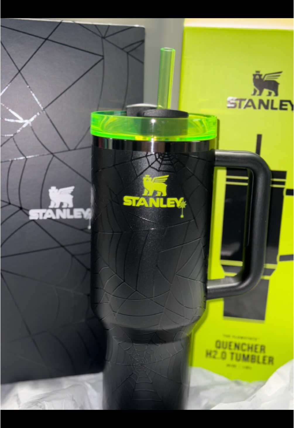 This #limitededition #Web #glowinthedark @Stanley 1913 cup dropped on 10/4 !! 🕷️💚 Finally arrived and I am obsessed! #StanleyCup #halloweenishere #witchesbrew #hydration #spider #fall 