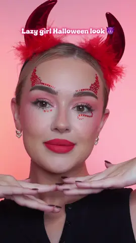 Lazy Girl Halloween look 😋😈 @Makeup Revolution face gems  @Kylie Cosmetics Red Velvet lip kit  . . Easy Halloween makeup Beginners makeup Devil makeup  #halloweenmakeup #devilmakeup #rhinestonemakeup #easyhalloweenmakeup #easymakeup #makeup 