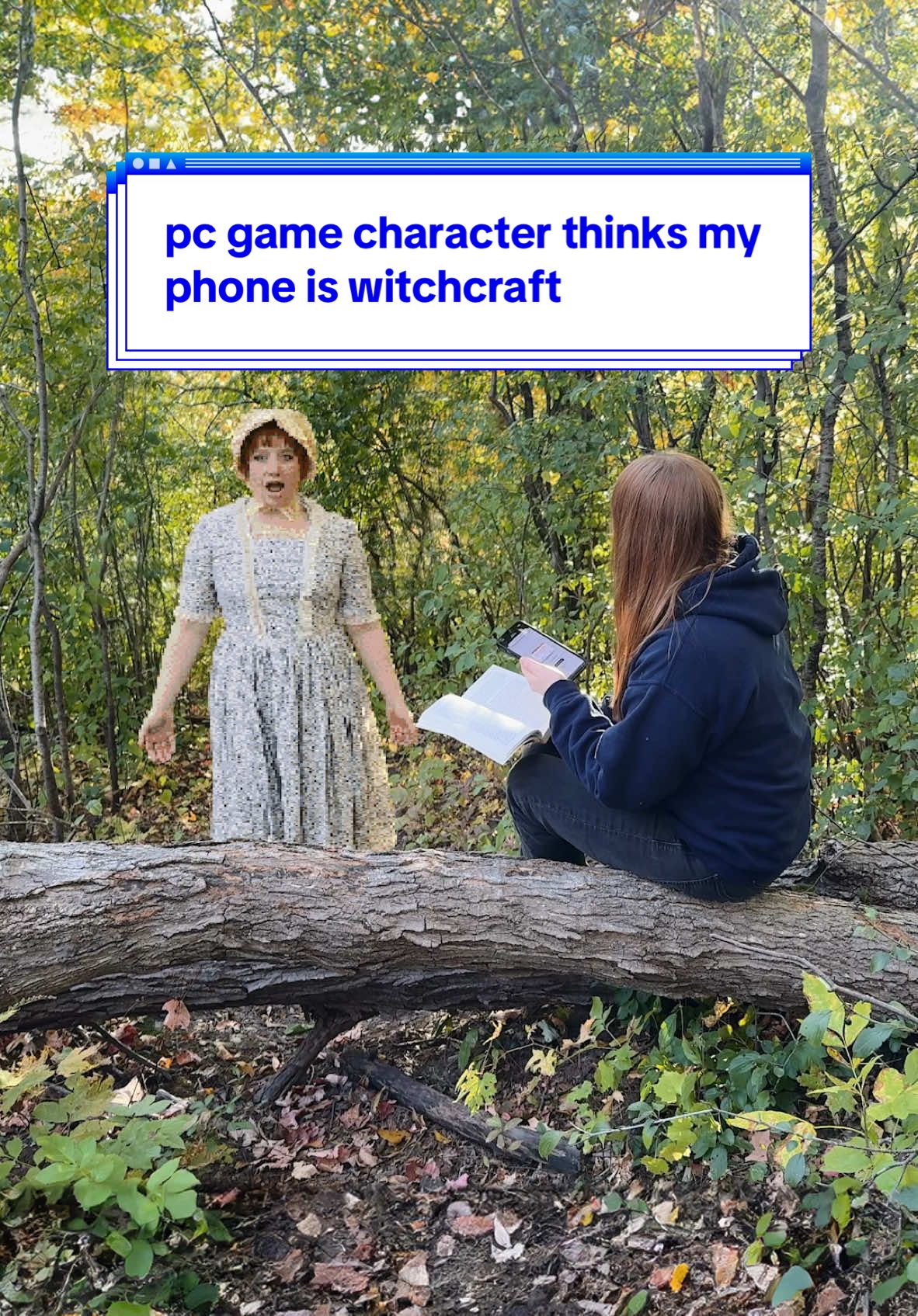 wyd if you encountered her in the woods…? #90s #weirdcore #retro #nostalgia #dreamcore #liminal #oregontrail  alt-text: A girl is sitting on a tree log reading a book, when a weirdcore PC game character suddenly appears, looking like she’s from the 90’s edutainment game- The Oregon Trail. The Oregon Trail girl says she needs help, and they proceed to have a conversation, until she finally walks away, leaving the girl on the log by herself in the woods to think about their conversation. She wonders if she should follow the girl. BKG music from The Oregon Trail II