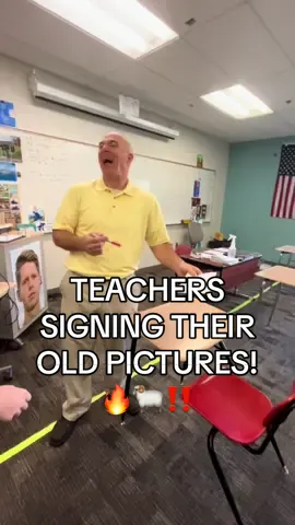 ASKING TEACHERS TO SIGN THEIR OLD PICTURES!! 🔥🐏‼️ Stay tuned for part two and comment any teachers you want to see!  #fyp #highschool #teachersoftiktok #studentcouncil #espn #autograph #getonmyhead