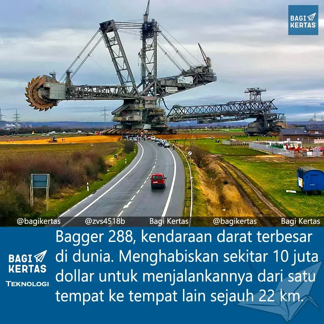 salah satu kendaraan darat terbesar di dunia  🔸Bagger 288, yang dibangun oleh perusahaan Jerman Krupp untuk perusahaan energi dan pertambangan Rheinbraun, adalah excavator bucket-wheel atau mesin penambangan jalur seluler. Ketika pembangunannya selesai pada 1978, Bagger 288 menggantikan Big Muskie sebagai kendaraan darat terberat di dunia, dengan berat 13.500 ton. 🔸Kabar perpindahan terakhirnya terjadi pada tahun 2001, ketika mesin ini bergerak dari satu pertambangan ke pertambangan yang lain harus menempuh jarak 22 kilometer, menjelajahi daratan, jalan-jalan raya, menyeberangi rel-rel kereta api, pinggiran kota dan pedesaan. Karena mesin ini tidak bisa begitu saja melewati rintangan-rintangan itu karena bisa merusaknya.  🔸Para pekerja menyiapkan lapisan pasir untuk alas di sepanjang jalannya ketika melewati rel KA, jalan-jalan raya, memindahkan tiang-tiang listrik, dan menyebarkan rumput-rumput khusus di atas tanah yang dilaluinya untuk mempermudah jalannya. Butuh waktu 3 minggu untuk memindahkannya! Ketika sampai di tempatnya mesin ini akan melahap bukit-bukit batubara, batu-batu karang dengan raku  Caption by Indozone #xzybca #excavatorterbesar #excavatorterbesardidunia #tambangbatubara #pengetahuan #kendaraanterbesardidunia 