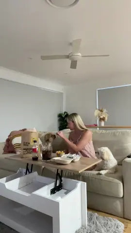 What more could a girl want 🤍 To all the people who acted like my dogs were hard done by in my last video xox Coffee table only $86 at @Bunnings!! @Kamprads Oikos 1943 @Guzman y Gomez  #liftupcoffeetable #coffeetable #pullupcoffeetable #coffeetabledecor #couchdinner 