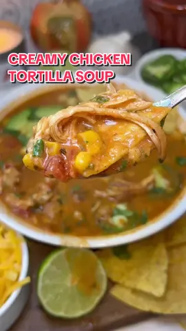 Creamy Chicken Tortilla Soup 🍲 I wish I could just stay in this fall soup series forever. Here’s how to make it: 1 T olive oil  1 T butter 2 large chicken breasts (about 1.5lbs) 1 onion, diced 1 jalapeño, diced (seeds removed for less heat) 8-10 cloves garlic, minced, to taste 3 tsp ground cumin 1 tsp chili powder  1 tsp smoked paprika  1 tsp oregano Salt and pepper to taste 4 cups chicken broth 1 (24 oz) can crushed tomatoes 1 (4 oz) can green chilies 1-2 tsp chicken bouillon, optional 1 T diced chipotle peppers 1 can pinto beans, drained and rinsed (or black beans) 1 can corn, drained 1 bay leaf 4 oz cream cheese, softened (can sub cream) Juice of 1 lime Fresh cilantro, chopped (to taste) Toppings: Tortilla chips, cheese, avocado, jalapeño, cilantro  1. Coat your chicken with olive oil and season with salt and pepper, cumin, smoked paprika, chili powder, and oregano.   2. In a large pot, heat your butter over medium/high heat. Add in your chicken and sear for a few minutes on each side. They don’t need to be cooked through. Remove from the pan and set aside.   3. In the same pot, add in a touch of olive oil, and sauté your diced onion and jalapeño with a pinch of salt along with your cumin, chili powder, smoked paprika, oregano and black pepper. Sauté for about 5 minutes, or until tender.   4. Throw in the minced garlic and let it cook for about 30 seconds, just until fragrant.  5. Pour in the chicken broth, crushed tomatoes, green chilies, chipotle peppers, and chicken bouillon. Stir to combine and add the bay leaf. Season with salt and pepper.  6. Return the chicken to the pot and simmer for 20 minutes, or until the chicken is cooked through.   7. Once done, remove the chicken, shred it, and add it back to the soup along with the beans and corn. Simmer for a few minutes to bring everything to temperature.  8. Add in the softened cream cheese, and stir until the cream cheese is melted and fully incorporated.  9. Finish it off with a squeeze of fresh lime juice and garnish with cilantro, if desired. Taste for seasonings, and serve with your favorite toppings! #chickentortillasoup #creamychickentortillasoup #tortillasoup #tortillasouprecipe #chickentortillasouprecipe #soup #souptok #souprecipe #fall #fallsoup #fallfood #fallrecipes #EasyRecipe #easydinner #dinner #weeknightdinner #DinnerIdeas #FoodTok #cooking #chickensoup
