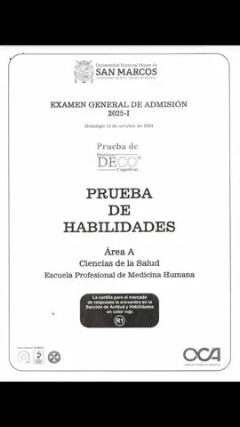 EXAMEN GENERAL DE ADMISIÓN 2025-I UNIVERSIDAD NACIONAL MAYOR DE SAN MARCOS  ÁREA MEDICINA HUMANA  TIPO 2 TOMADO 13/10/2024 #unmsm #examendeadmisión #áreaA #medicinahumana #cienciasdelasalud #sanmarcos 