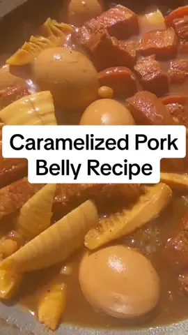 Caramelized Pork Belly and eggs. របៀបខសាច់ជ្រូក Ingredients: 3 lbs three layers pork belly cut into chunks size. Pan seared for a few minutes. 👉In mortar and pestle: 10 cloves garlic. 2 star anise. 1 tsp black pepper. 1 small piece ginger. 1 tbsp chicken bouillon powder. 1/2 tsp msg ( optional). Blend into a paste  Add 1 tbsp thick soy sauce. 2 tbsp fish sauce. 2 tbsp palm sugar or regular sugar. Blend and marinate pork belly. Stovetop:  Cook pork until nice and fragrant  Add 7 cups water cook at low to medium heat until meat is nice and tender. 4-7 hard boiled eggs. 1/3 cup roasted peanut ( optional). 4-8 pieces of bamboo shoot. Taste and adjust serve with steamed rice. #fyp #caramalizedporkbelly #asianfood #Recipe #homecooking #khmermom #delicousfood 