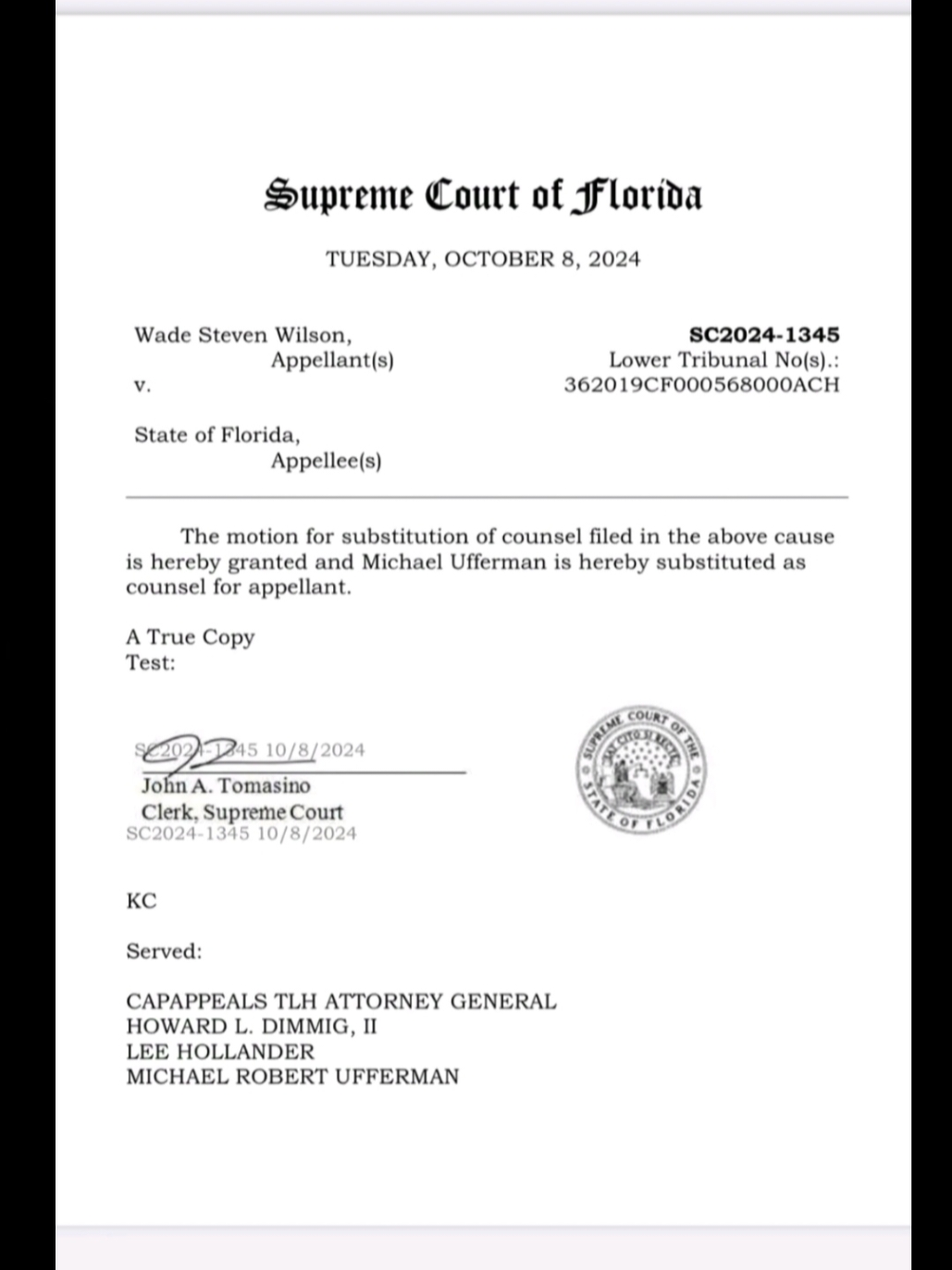 On October 7, 2024, Wade consented to the substitution of his counsel in his ongoing appeal before the Supreme Court of Florida. The motion for substitution was officially granted on October 8, 2024. Michael Ufferman Law Firm, P.A. has now been appointed to represent Wade in his appeal against the State of Florida (Case No. SC2024-1345), stemming from a death penalty conviction. This change in legal representation is a key moment in Wade’s ongoing fight for justice. Wade has consistently declared his innocence, and we believe that Michael Ufferman’s expertise will help in exposing the weaknesses of this case. We appreciate the continued support from all those standing by Wade, and we will keep you informed on any new developments in his case ---- #innocentuntilprovenguilty #justiceforwadewilson  #michaelufferman  #LegalFightContinues #fightforjustice #supportwade #wadewilson 