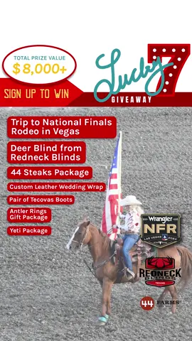 🎰 Our Lucky 7 Giveaway is LIVE 🎰 Want to win amazing prizes like a trip to the National Finals Rodeo?  Enter now by filling out the form at antlerrings.com/pages/lucky-7-giveaway for 1 entry, and get 2 additional entries for every $100 spent.  Link is also in the linktree in our bio!!! Good luck y’all 🤠  #AntlerRings #giveaway #sales #biggiveaway #NFR #Tecovas #RedNeckBlinds #YETI #trip #western #country #bestdeal #westernstyle #sweepstakes #lucky7 