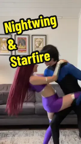 An iconic couple is back 💜💙 #starfire #nightwing #cosplaytransition #dccosplay #starfirecosplay #nightwingcosplay #teentitans @MANNYVER5E 