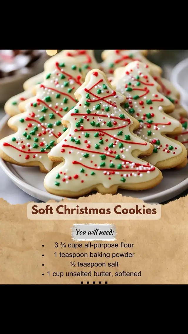 Soft Christmas Cookies Ingredients: • 3 ¾ cups all-purpose flour • 1 teaspoon baking powder • ½ teaspoon salt • 1 cup unsalted butter, softened • 1 ½ cups granulated sugar • 2 large eggs • 2 teaspoons vanilla extract • ½ teaspoon almond extract • 4 tablespoons milk For the Icing: • 2 cups powdered sugar • 4 tablespoons milk • 1 teaspoon vanilla extract • Food coloring and sprinkles (optional) Directions: 1. Preheat your oven to 400°F (200°C). Line baking sheets with parchment paper. 2. In a medium bowl, whisk together the flour, baking powder, and salt. 3. In a large bowl, cream the butter and sugar until light and fluffy. Beat in the eggs, vanilla extract, and almond extract until well combined. 4. Gradually add the dry ingredients to the wet ingredients, alternating with the milk, and mix until combined. If the dough is too sticky, chill it in the fridge for 30 minutes. 5. Roll the dough out on a lightly floured surface to about ¼-inch thickness. Cut into festive shapes using cookie cutters, then place the cookies on the prepared baking sheets. 6. Bake for 6-8 minutes, or until the edges are just lightly golden. Let the cookies cool on the baking sheets for 5 minutes before transferring them to a wire rack to cool completely. 7. To make the icing, whisk together the powdered sugar, milk, and vanilla extract. Add food coloring if desired. Once the cookies are cool, spread or pipe the icing on top and decorate with sprinkles. Prep Time: 20 minutes | Cooking Time: 8 minutes | Total Time: 28 minutes Kcal: 120 kcal | Servings: 48 cookies #softchristmascookies #holidaybaking #christmascookies #sugarcookies #festivebaking #homemadecookies #cookiecutters #icingcookies #EasyRecipes #holidaydesserts #christmassweets #decoratedcookies #bakinglove #cookiesfortheholidays #comfortbaking #celebratechristmas