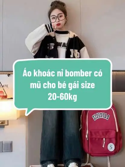 Chỉ 159.000₫ cho ÁO KHOÁC NỈ 20-60KG, Áo khoác bomber, Áo thể thao có mũ cho bé gái 