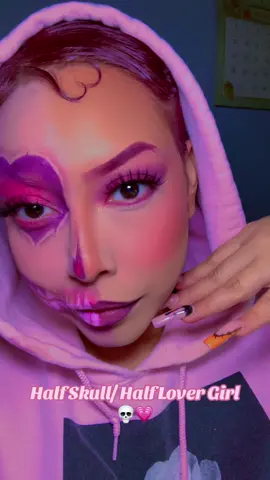 Half Skull/ Half Lover Girl 💀💗  Thank you to my girls for believing in me, my talent and my love for makeup. 💗💗💗 @✿bethany✿ @Renaa 🧚🏻‍♀️  I love yall 🫶🏻🙏🏽   #SkullMakeUp #SkullMakeupHalloween #SkullHalloweenMakeup #HeartSkullMakeup #PinkPurpleSkull 