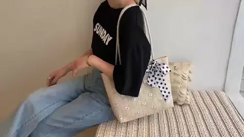 Tas Bahu & Tas Selempang Fashion Wanita Terbaru - Tas Tote Anyaman Jerami Motif Bunga Segar Sederhana - Tas Pantai Rajutan Jerami Totebag Cewek