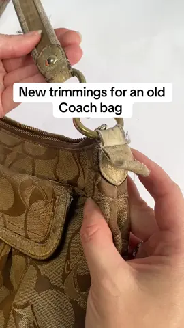 Vintage @Coach bag given a new life by Maker Paola Z 🪡  We replaced the leather handle and tabs with new components in a matching gold leather. The iconic Coach jacquard fabric still has its signs of wear and tear, but shiny new trimmings make this vintage piece look well preserved. Book handbag TLC via The Seam 👜  #LeatherRepair #HandbagRepair #CoachRepair #Coachtopia #LeatherRestoration @Coach @Coachtopia 